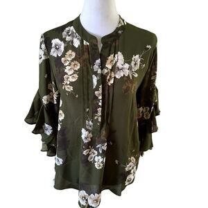 Vince Camuto Women's Floral Ruffled Sleeves Blouse Olive Green Size S NWT